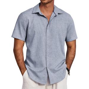 imageCOOFANDY Mens Beach Summer Shirts Linen Texture Shirts Short Sleeve Casual Button Down ShirtNavy Blue