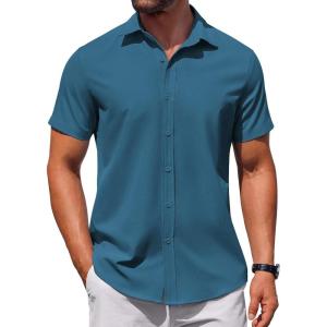 imageCOOFANDY Mens Button Down Shirt Short Sleeve Casual Shirt for Men Summer Business Casual Dress ShirtDenim Blue