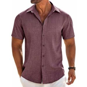 imageCOOFANDY Mens Button Down Shirt Short Sleeve Casual Shirts Beach Summer Linen Shirts Wedding Vacation ShirtWine Red