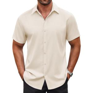 imageCOOFANDY Mens Button Down Shirt Short Sleeve Dress Shirt Casual Beach Summer Wedding ShirtBeige