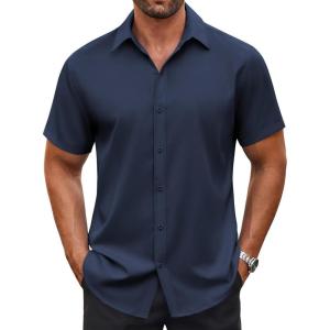 imageCOOFANDY Mens Button Down Shirt Short Sleeve Dress Shirt Casual Beach Summer Wedding ShirtBlue