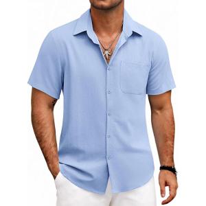 imageCOOFANDY Mens Button Down Shirts Lightweight Breathable Short Sleeve Shirt Summer Beach TopLight Blue
