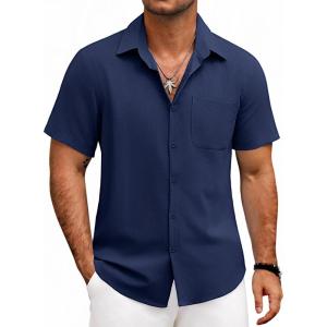 imageCOOFANDY Mens Button Down Shirts Lightweight Breathable Short Sleeve Shirt Summer Beach TopNavy Blue