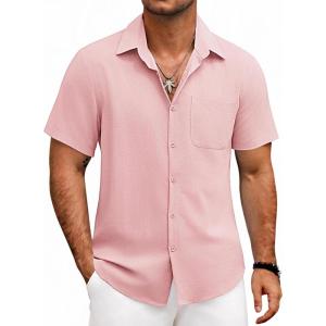 imageCOOFANDY Mens Button Down Shirts Lightweight Breathable Short Sleeve Shirt Summer Beach TopPink