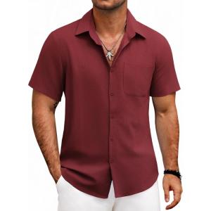 imageCOOFANDY Mens Button Down Shirts Lightweight Breathable Short Sleeve Shirt Summer Beach TopWine Red