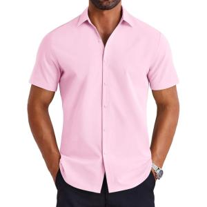 imageCOOFANDY Mens Button Down Shirts Short Sleeve Casual Shirt Summer Untucked Dress ShirtsPink