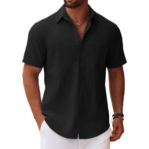 imageCOOFANDY Mens Button Down Short Sleeve Shirt Casual Cotton Summer Beach Linen Wedding Shirts with PocketBlack