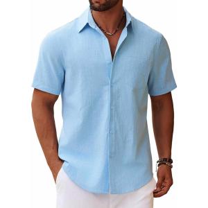 imageCOOFANDY Mens Button Down Short Sleeve Shirt Casual Cotton Summer Beach Linen Wedding Shirts with PocketClear Blue