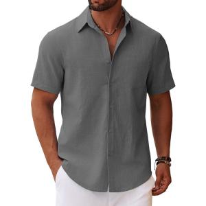 imageCOOFANDY Mens Button Down Short Sleeve Shirt Casual Cotton Summer Beach Linen Wedding Shirts with PocketDark Grey
