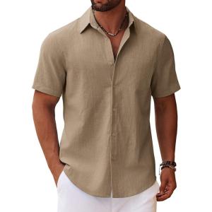 imageCOOFANDY Mens Button Down Short Sleeve Shirt Casual Cotton Summer Beach Linen Wedding Shirts with PocketDark Khaki