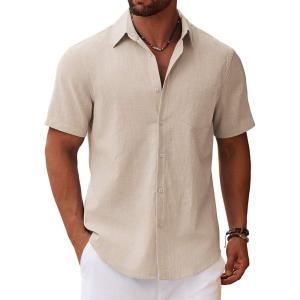 imageCOOFANDY Mens Button Down Short Sleeve Shirt Casual Cotton Summer Beach Linen Wedding Shirts with PocketKhaki