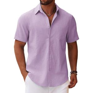 imageCOOFANDY Mens Button Down Short Sleeve Shirt Casual Cotton Summer Beach Linen Wedding Shirts with PocketLavender