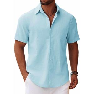 imageCOOFANDY Mens Button Down Short Sleeve Shirt Casual Cotton Summer Beach Linen Wedding Shirts with PocketLight Blue