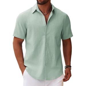 imageCOOFANDY Mens Button Down Short Sleeve Shirt Casual Cotton Summer Beach Linen Wedding Shirts with PocketLight Green