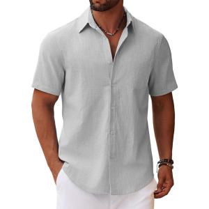 imageCOOFANDY Mens Button Down Short Sleeve Shirt Casual Cotton Summer Beach Linen Wedding Shirts with PocketLight Grey