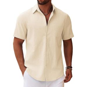 imageCOOFANDY Mens Button Down Short Sleeve Shirt Casual Cotton Summer Beach Linen Wedding Shirts with PocketLight Khaki