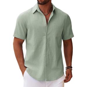 imageCOOFANDY Mens Button Down Short Sleeve Shirt Casual Cotton Summer Beach Linen Wedding Shirts with PocketMint Green