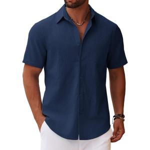 imageCOOFANDY Mens Button Down Short Sleeve Shirt Casual Cotton Summer Beach Linen Wedding Shirts with PocketNavy Blue