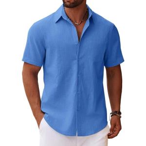 imageCOOFANDY Mens Button Down Short Sleeve Shirt Casual Cotton Summer Beach Linen Wedding Shirts with PocketOcean Blue