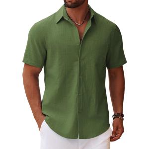 imageCOOFANDY Mens Button Down Short Sleeve Shirt Casual Cotton Summer Beach Linen Wedding Shirts with PocketOlive Green