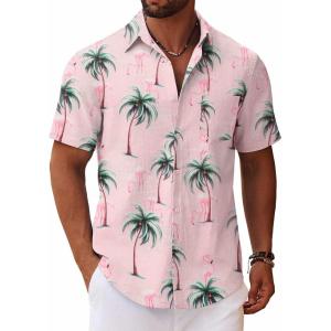 imageCOOFANDY Mens Button Down Short Sleeve Shirt Casual Cotton Summer Beach Linen Wedding Shirts with PocketPinkcoconut Tree
