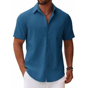 imageCOOFANDY Mens Button Down Short Sleeve Shirt Casual Cotton Summer Beach Linen Wedding Shirts with PocketSea Blue