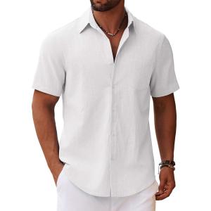 imageCOOFANDY Mens Button Down Short Sleeve Shirt Casual Cotton Summer Beach Linen Wedding Shirts with PocketWhite