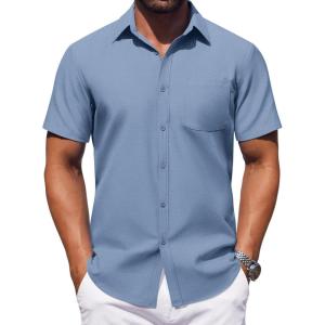imageCOOFANDY Mens Button Down Short Sleeve Shirt Casual Dress Shirt Untucked Summer Shirts with PocketDark Blue