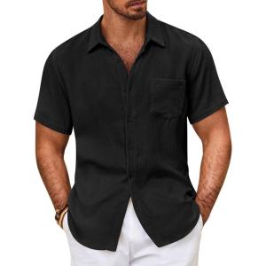 imageCOOFANDY Mens Button Down Short Sleeve Shirt Casual Shirts Summer Beach Textured Shirts with PocketBlack