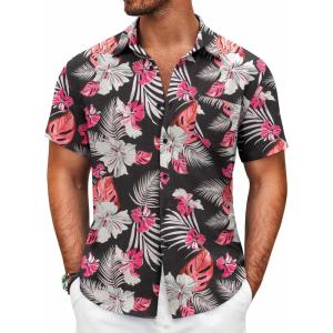 imageCOOFANDY Mens Button Down Short Sleeve Shirt Casual Shirts Summer Beach Textured Shirts with PocketBlackwhite Flowers