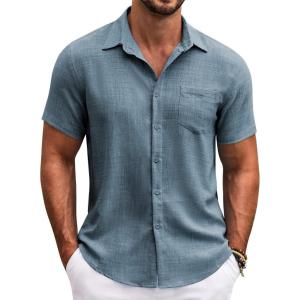 imageCOOFANDY Mens Button Down Short Sleeve Shirt Casual Shirts Summer Beach Textured Shirts with PocketDark Blue