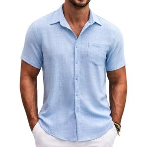 imageCOOFANDY Mens Button Down Short Sleeve Shirt Casual Shirts Summer Beach Textured Shirts with PocketLight Blue
