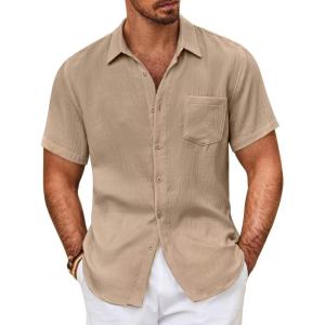 imageCOOFANDY Mens Button Down Short Sleeve Shirt Casual Shirts Summer Beach Textured Shirts with PocketLight Khaki