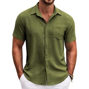 imageCOOFANDY Mens Button Down Short Sleeve Shirt Casual Shirts Summer Beach Textured Shirts with PocketOlive Green