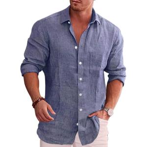 imageCOOFANDY Mens Casual Button Down Shirt Long Sleeve Linen Chambray Shirt1 Blue