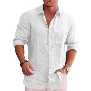 imageCOOFANDY Mens Casual Button Down Shirt Long Sleeve Linen Chambray Shirt1 Light Khaki