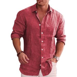 imageCOOFANDY Mens Casual Button Down Shirt Long Sleeve Linen Chambray Shirt1 Red