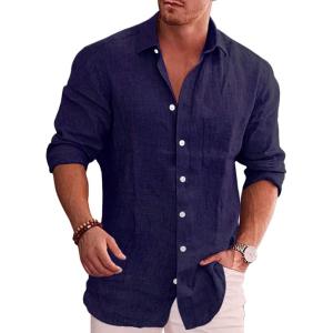 imageCOOFANDY Mens Casual Button Down Shirt Long Sleeve Linen Chambray Shirt1 Royal Blue
