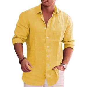 imageCOOFANDY Mens Casual Button Down Shirt Long Sleeve Linen Chambray Shirt1 Yellow
