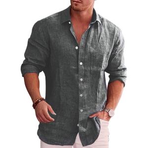 imageCOOFANDY Mens Casual Button Down Shirt Long Sleeve Linen Chambray ShirtFlecking Black