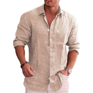 imageCOOFANDY Mens Casual Button Down Shirt Long Sleeve Linen Chambray ShirtLight Khaki