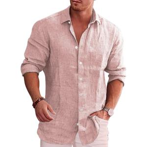 imageCOOFANDY Mens Casual Button Down Shirt Long Sleeve Linen Chambray ShirtLight Pink