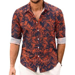 imageCOOFANDY Mens Casual Button Down Shirt Long Sleeve Linen Chambray ShirtRed Printed Leaves