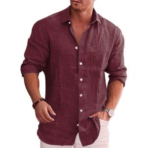 imageCOOFANDY Mens Casual Button Down Shirt Long Sleeve Linen Chambray ShirtWine Red