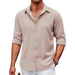 imageCOOFANDY Mens Casual Button Down Shirt Long Sleeve Untucked Chambray Shirt Wrinkle Free Dress ShirtsSesame