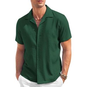 imageCOOFANDY Mens Casual Button Down Shirt Short Sleeve Textured Summer Cuban Beach ShirtsBright Green