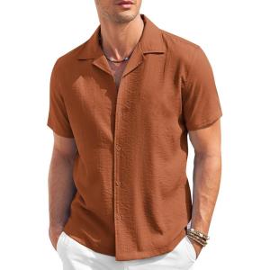 imageCOOFANDY Mens Casual Button Down Shirt Short Sleeve Textured Summer Cuban Beach ShirtsBrown