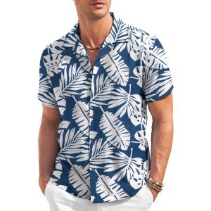 imageCOOFANDY Mens Casual Button Down Shirt Short Sleeve Textured Summer Cuban Beach ShirtsLeavesblue  White