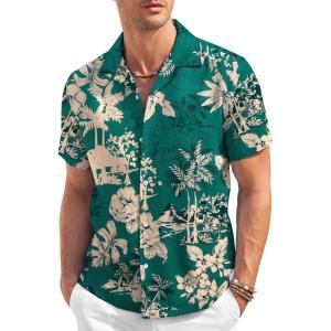 imageCOOFANDY Mens Casual Button Down Shirt Short Sleeve Textured Summer Cuban Beach ShirtsLeavesdark Green