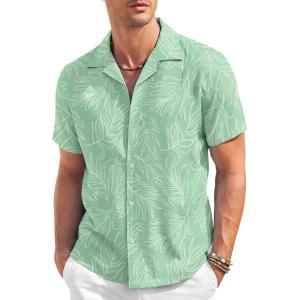 imageCOOFANDY Mens Casual Button Down Shirt Short Sleeve Textured Summer Cuban Beach ShirtsLeaveslight Green